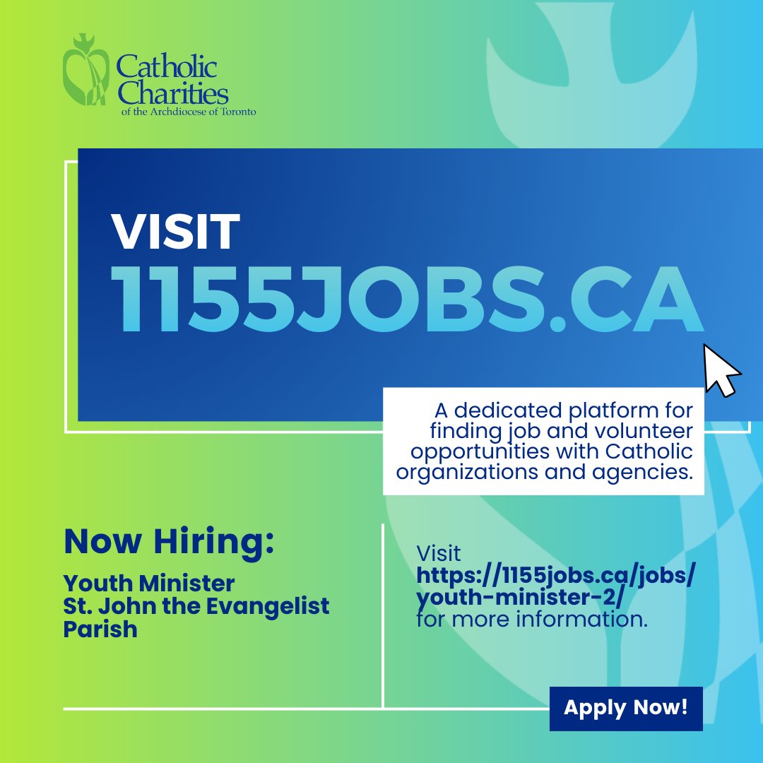 Ready to put your faith into action? 
Explore meaningful career or volunteer opportunities with Catholic organizations across the Archdiocese through our online job board. 

🔍What’s new this week?

St. John the Evangelist is looking for a Youth Minister!

1155jobs.ca/jobs/youth-min…