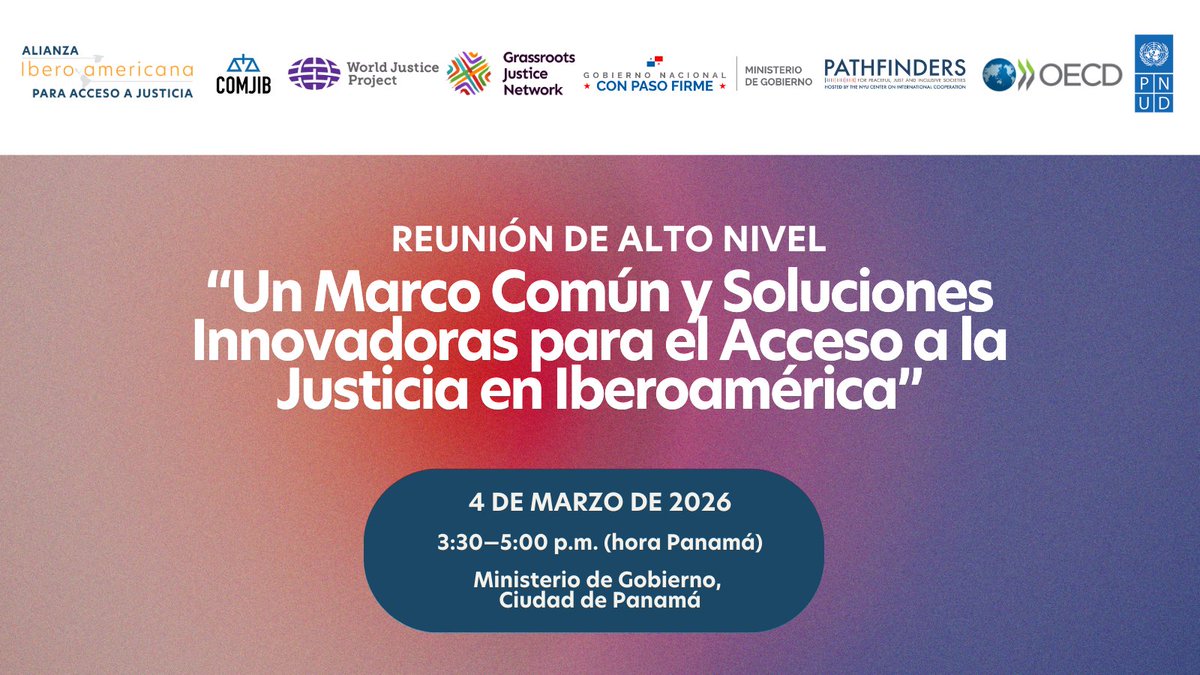 SDG16Plus's tweet photo. 🗓️ De antesala a la XXIV Asamblea Plenaria de la Conferencia de Ministros de Justicia de los Países Iberoamericanos (COMJIB), la Jornada Regional Iberoamericana sobre Acceso a la Justicia tiene como objetivos:

📝 Brindar aportes técnicos a la Convención Iberoamericana sobre Acceso a la Justicia (CIAJ).
💭 Consolidar el consenso político sobre la justicia centrada en las personas.
💡 Alinear las prioridades estratégicas para avanzar hacia modelos de acceso a la justicia más inclusivos, eficaces y transformadores.

💡 Organizado por la Alianza Iberoamericana para el Acceso a Justicia (#IBA), @SDG16Plus, @PNUDLAC, @TheWJP, @ComjibOficial, @OECD y @GrassrootsJN, y con el apoyo del @mingobpma.

Más información:
https://t.co/utbl6lZp84

#ODSs #ODS16 #ODS16Plus #AlianzaIberoamericana #JusticiaCentradaEnLasPersonas #JusticiaParaTodos