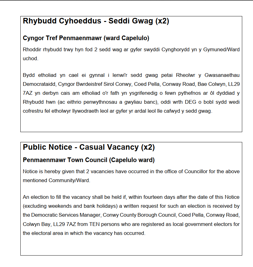 demCBSConwy's tweet photo. Notice of Vacancy for Penmaenmawr Town Council (Capelulo Ward) - notice put up by the clerk on the 21/02/2026. Closing date 12/03/2026 https://t.co/bEi9CGKBdf