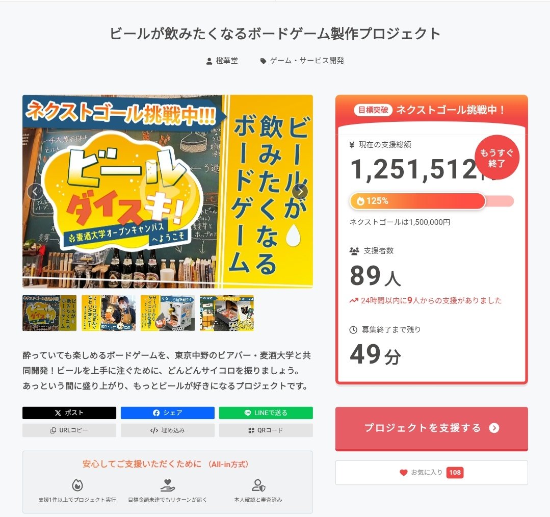 おぉ、分刻みになるんだね👀✨
去年１年＋今年２ヶ月かけて取り組んできたクラファンが、あとちょっとで終わるんだなぁ……🥴

camp-fire.jp/projects/89594…
#ビールダイスキ