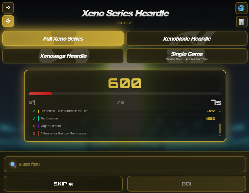 fusorf_'s tweet photo. Hi all !
have been gradually updating Xeno Series Heardle for the pas 10 days.
Today I ship the new Blitz gamemode ! 60 seconds, guess as many songs as fast as you can. You get time bonus for each guess, and score streaks !
Please give it a try, if you find bugs, let me know :) https://t.co/umKbQdfBnF