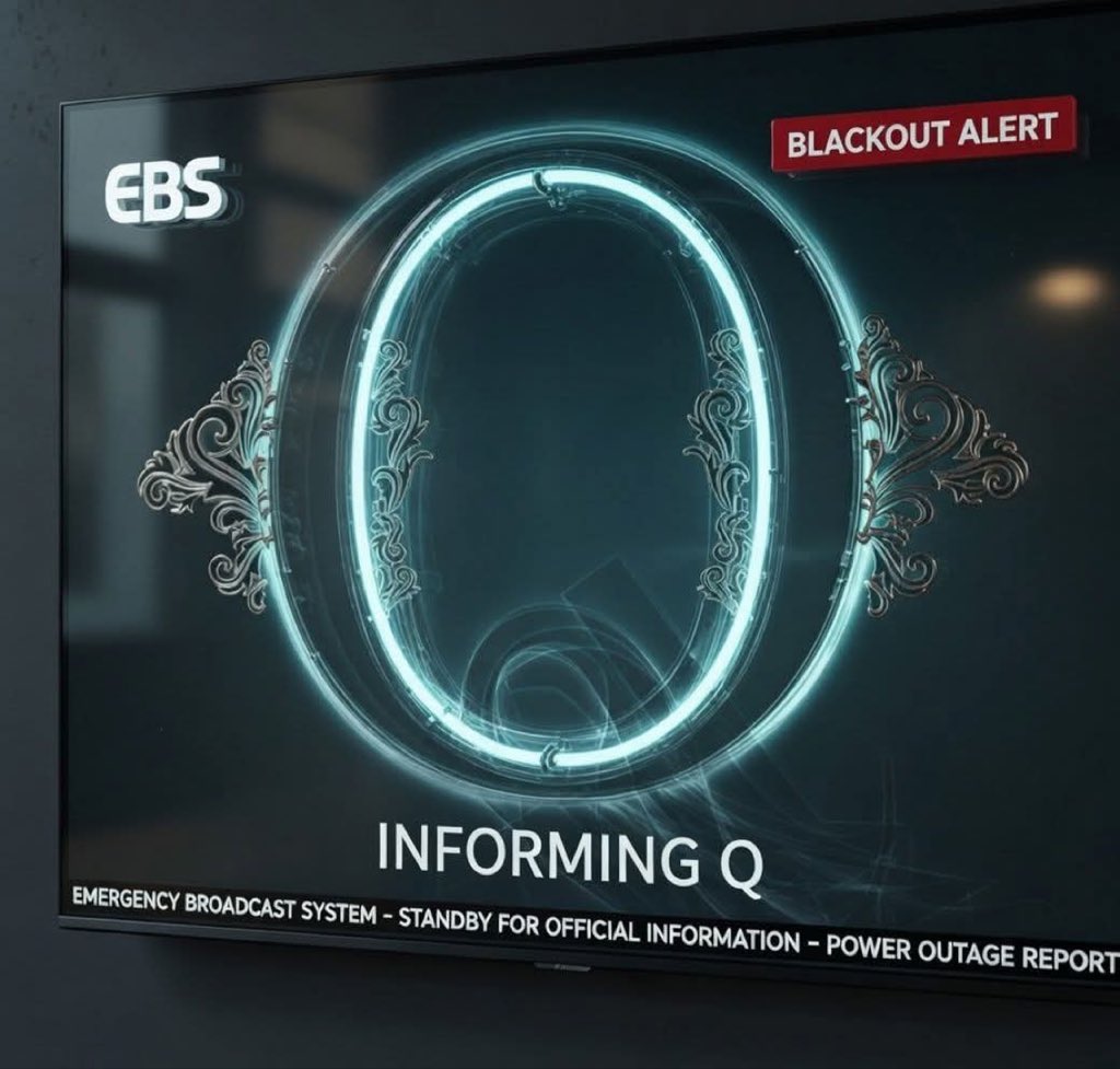 EMERGENCY BROADCAST SYSTEM
NATIONAL BLACKOUT IN EFFECT
INFORMING Q

THIS IS NOT A TEST.
THIS IS A NATIONAL EMERGENCY MESSAGE.

All broadcast stations and cable systems are now under Emergency Broadcast System control.
Regular programming has been suspended due to a nationwide