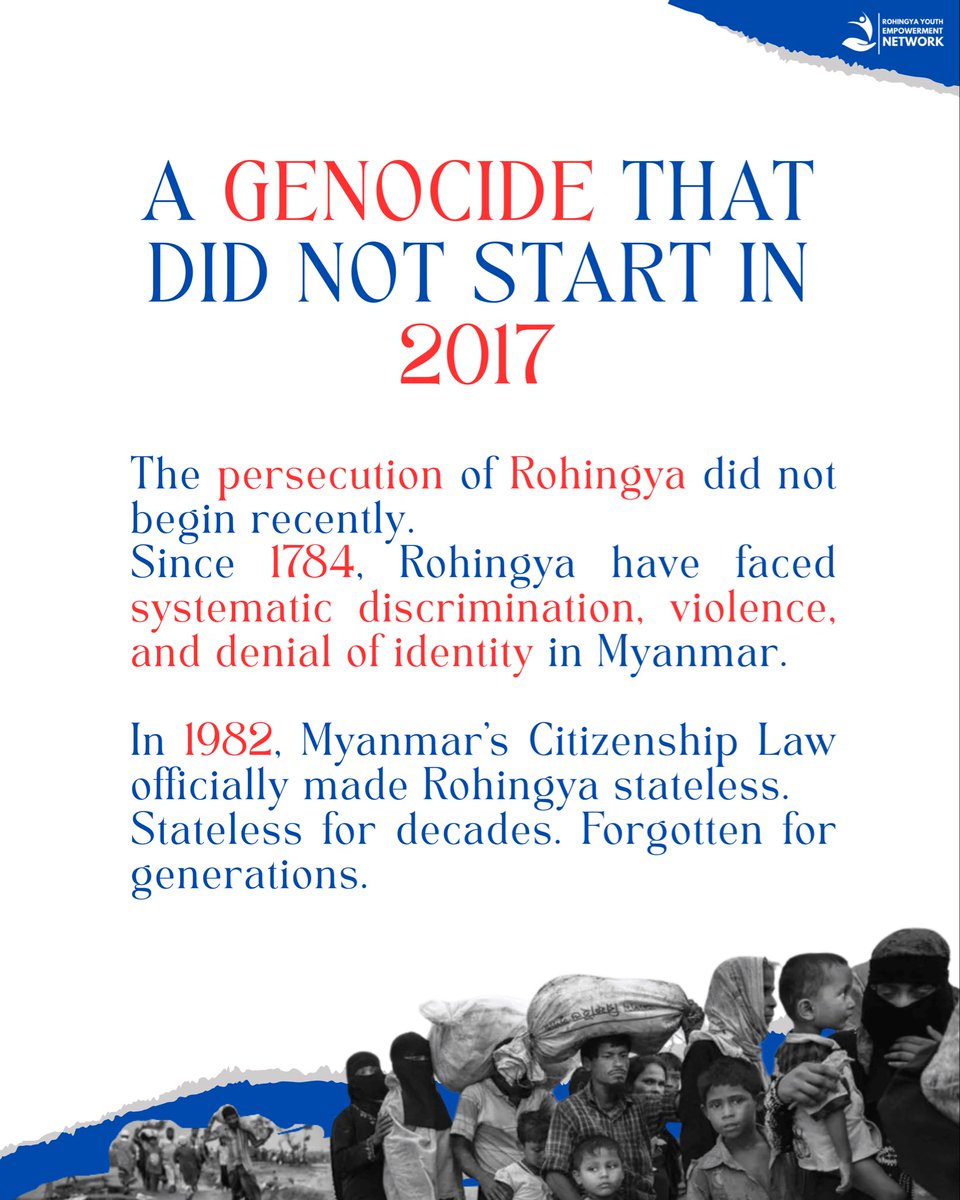 RYEN_ORG's tweet photo. The Rohingya crisis is not history. It is happening now.

For decades, Rohingya have faced genocide, displacement, and statelessness.
In 2017, the world watched villages burn.
In 2025, the world is still silent.

#JusticeForRohingya #RohingyaCrisis #HumanRights #BreakTheSilence https://t.co/mlqHUgpRa8