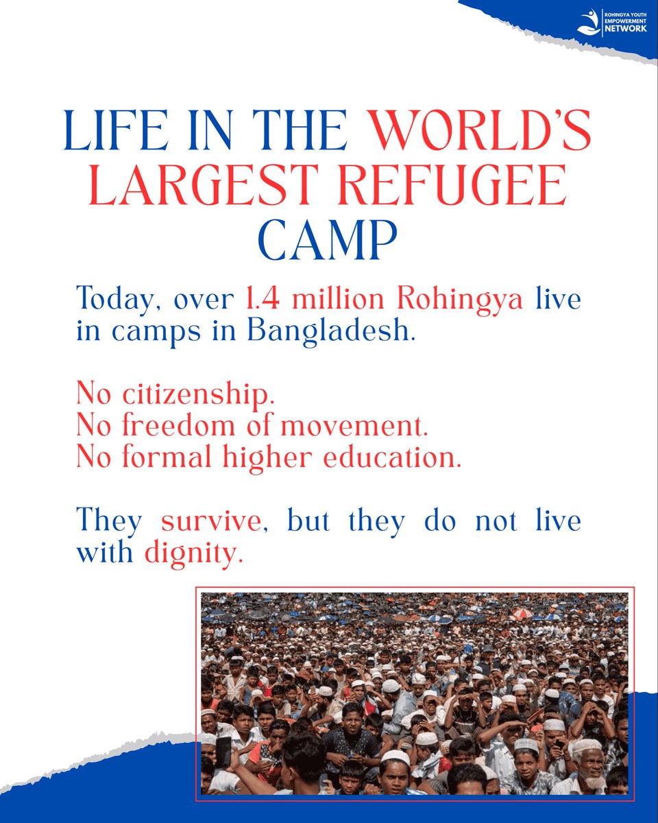 RYEN_ORG's tweet photo. The Rohingya crisis is not history. It is happening now.

For decades, Rohingya have faced genocide, displacement, and statelessness.
In 2017, the world watched villages burn.
In 2025, the world is still silent.

#JusticeForRohingya #RohingyaCrisis #HumanRights #BreakTheSilence https://t.co/mlqHUgpRa8