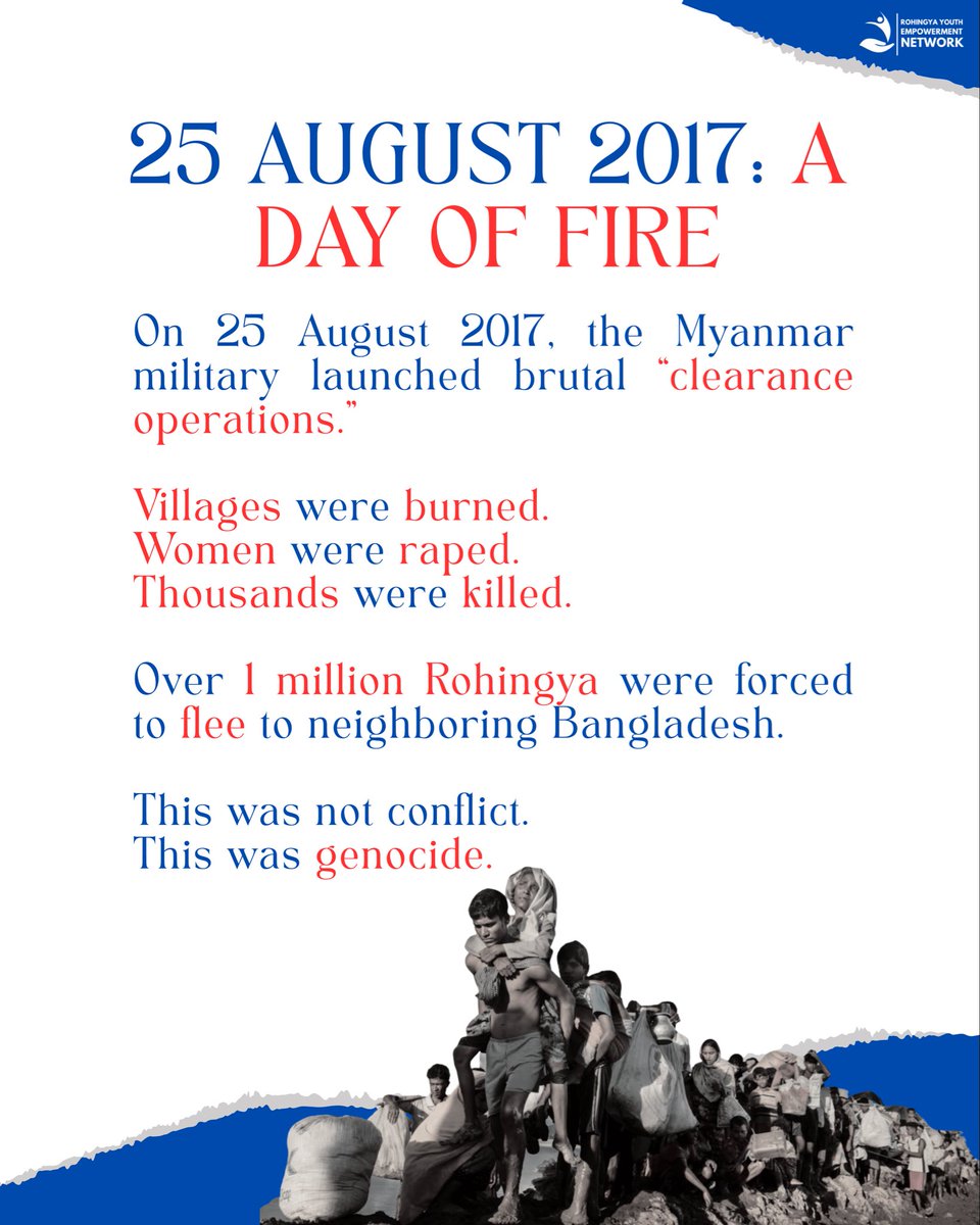 RYEN_ORG's tweet photo. The Rohingya crisis is not history. It is happening now.

For decades, Rohingya have faced genocide, displacement, and statelessness.
In 2017, the world watched villages burn.
In 2025, the world is still silent.

#JusticeForRohingya #RohingyaCrisis #HumanRights #BreakTheSilence https://t.co/mlqHUgpRa8