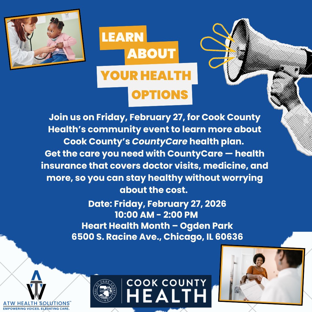ATWHealth's tweet photo. ❤️ Learn about your health options! Join us Feb 27, 10 AM–2 PM at Ogden Park (6500 S. Racine, Chicago) for a Cook County Health community event. Get info on CountyCare coverage for doctor visits, prescriptions &amp; more. #HeartHealthMonth #CookCountyHealth #CountyCare https://t.co/KI5v07lNdY