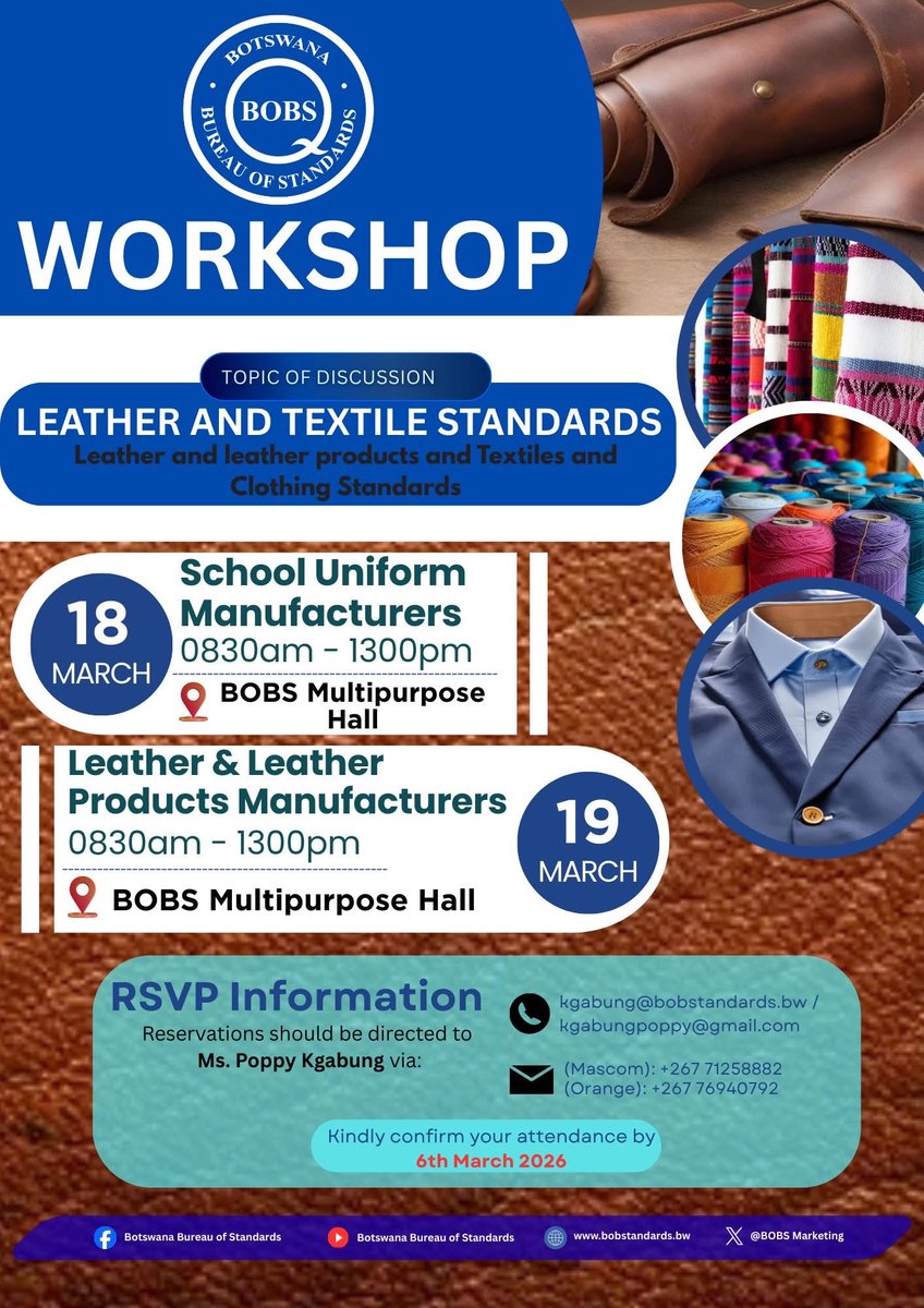 BobsMarketing's tweet photo. BOBS is pleased to invite stakeholders and interested parties to the upcoming 𝐖𝐨𝐫𝐤𝐬𝐡𝐨𝐩𝐬 𝐨𝐧 𝐋𝐞𝐚𝐭𝐡𝐞𝐫 𝐚𝐧𝐝 𝐓𝐞𝐱𝐭𝐢𝐥𝐞𝐬 𝐒𝐭𝐚𝐧𝐝𝐚𝐫𝐝𝐬, designed to engage key industry stakeholders in strengthening quality, compliance, and innovation within the sector. https://t.co/BSXTVO27c3