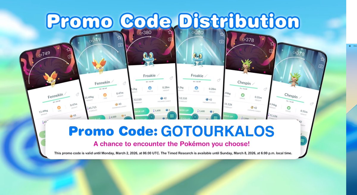 A new Promo code has been shared during the special Pokémon Presents Pokémon Day stream. Use code GOTOURKALOS to encounter a Fennekin, Froakie or Chespin with background.  

Click here to redeem 🔗  store.pokemongo.com/offer-redempti… 

#pokemongo