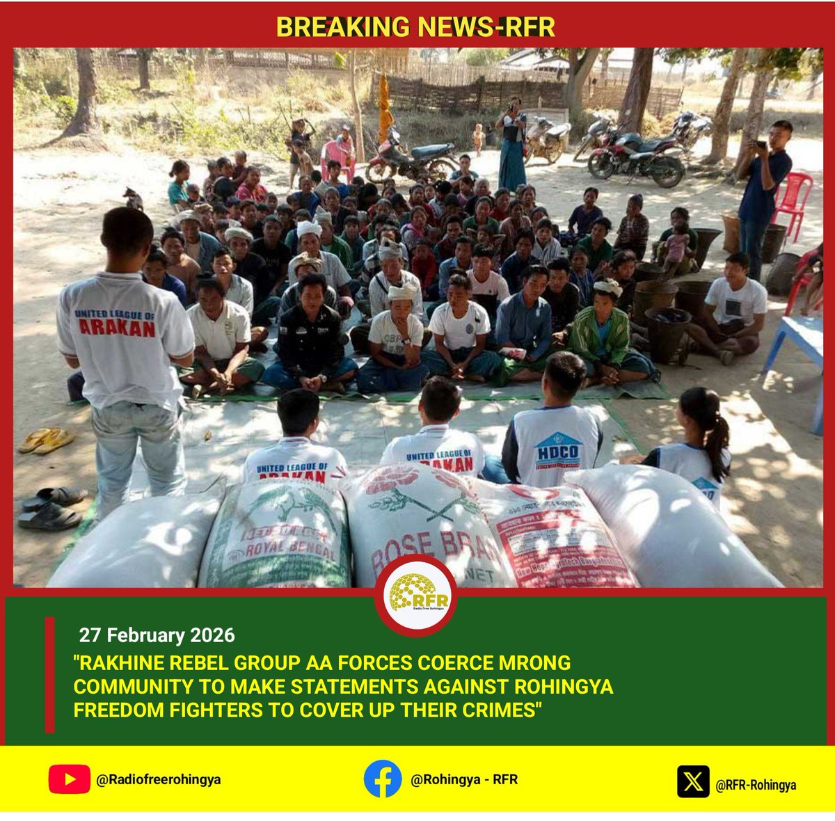 🚨 Rakhine Rebel group AA reportedly pressured Mrong community to speak against Rohingya freedom fighters. Locals say AA attacks aim to intimidate, while Rohingya fighters stress they fight only oppressors, not civilians. 

#RFR_MEDIA