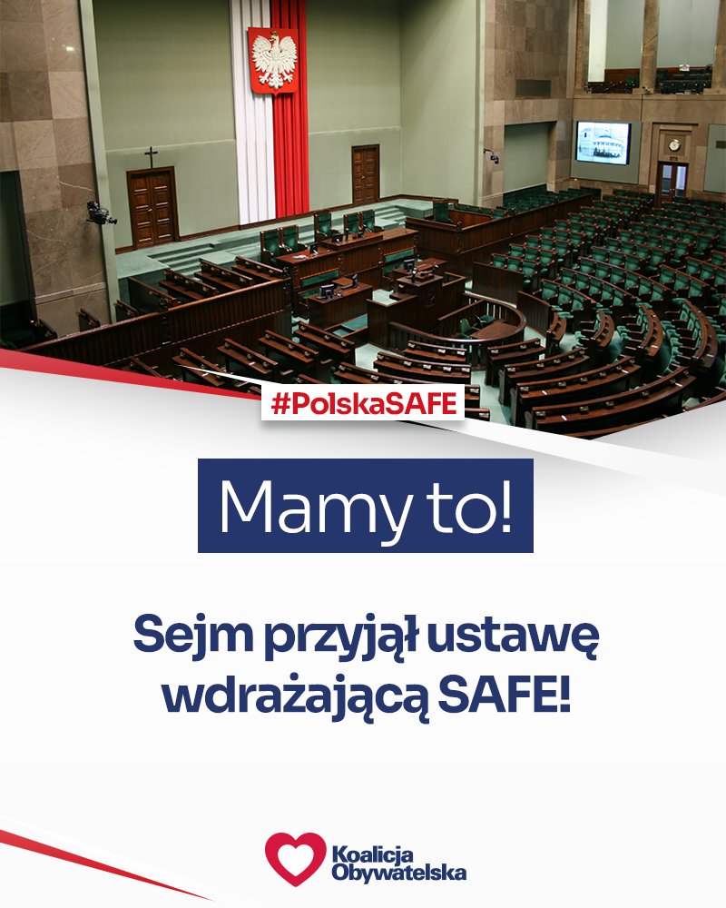 Na nic zdały się bzdury opozycji o programie SAFE - Sejm przyjął ustawę wdrażającą ten program❗ 

Na bezpieczeństwo Polski trafi 186,3 mld zł ✅