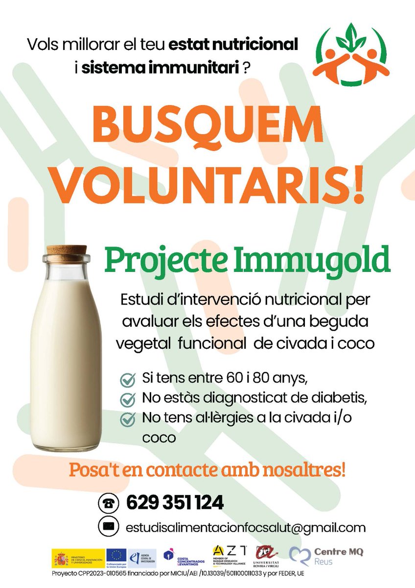 NFOCsalut's tweet photo. Projecte IMMUGOLD 🥛

Estem duent a terme un estudi d’intervenció nutricional amb l’objectiu d’avaluar els efectes d’una beguda vegetal funcional sobre la inflamació crònica i el sistema immunitari en persones d’entre 60 i 80 anys. https://t.co/rOSXvqr459