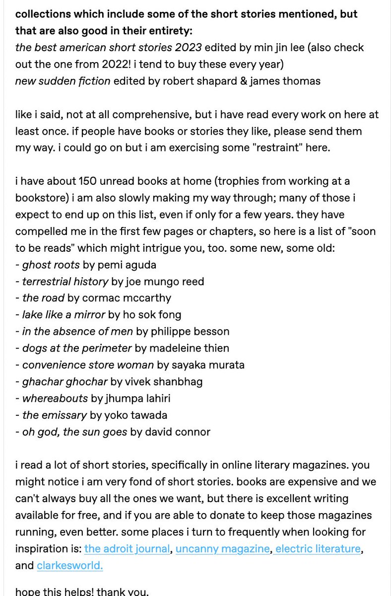 boxingraccoon's tweet photo. also i posted this on tumblr for an anon asking about my list of books for improving on prose. i talked moreso about "reading with intention" but it does also include an incomplete list of works that i felt have taught me something about writing. happy to chat about it. https://t.co/Z1hq9mP9sX