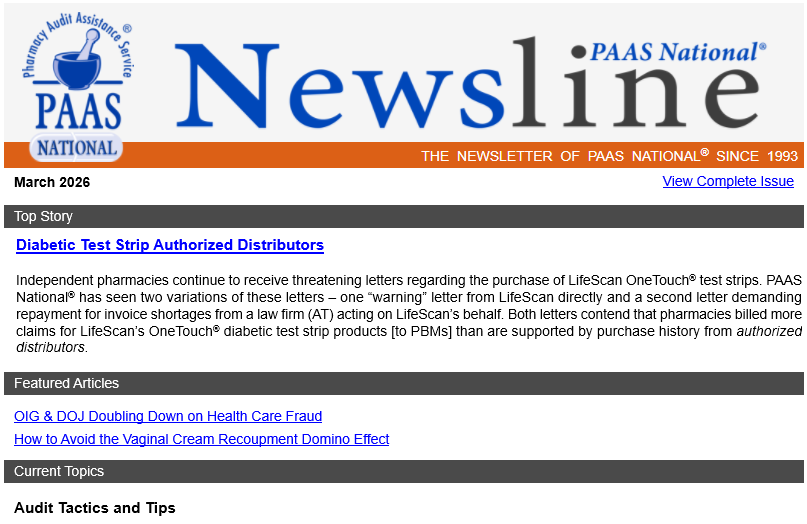 PAASNational's tweet photo. Your March Newsline is here: Diabetic Test Strip Authorized Distributors, OIG &amp; DOJ Doubling Down on Health Care Fraud, Partial Dispensing Policy, Creon Claims at Risk, &amp; more! PAAS Audit Assistance members can read more helpful tips on the Portal: https://t.co/VRECL6DskD https://t.co/Ezw4tdVawK