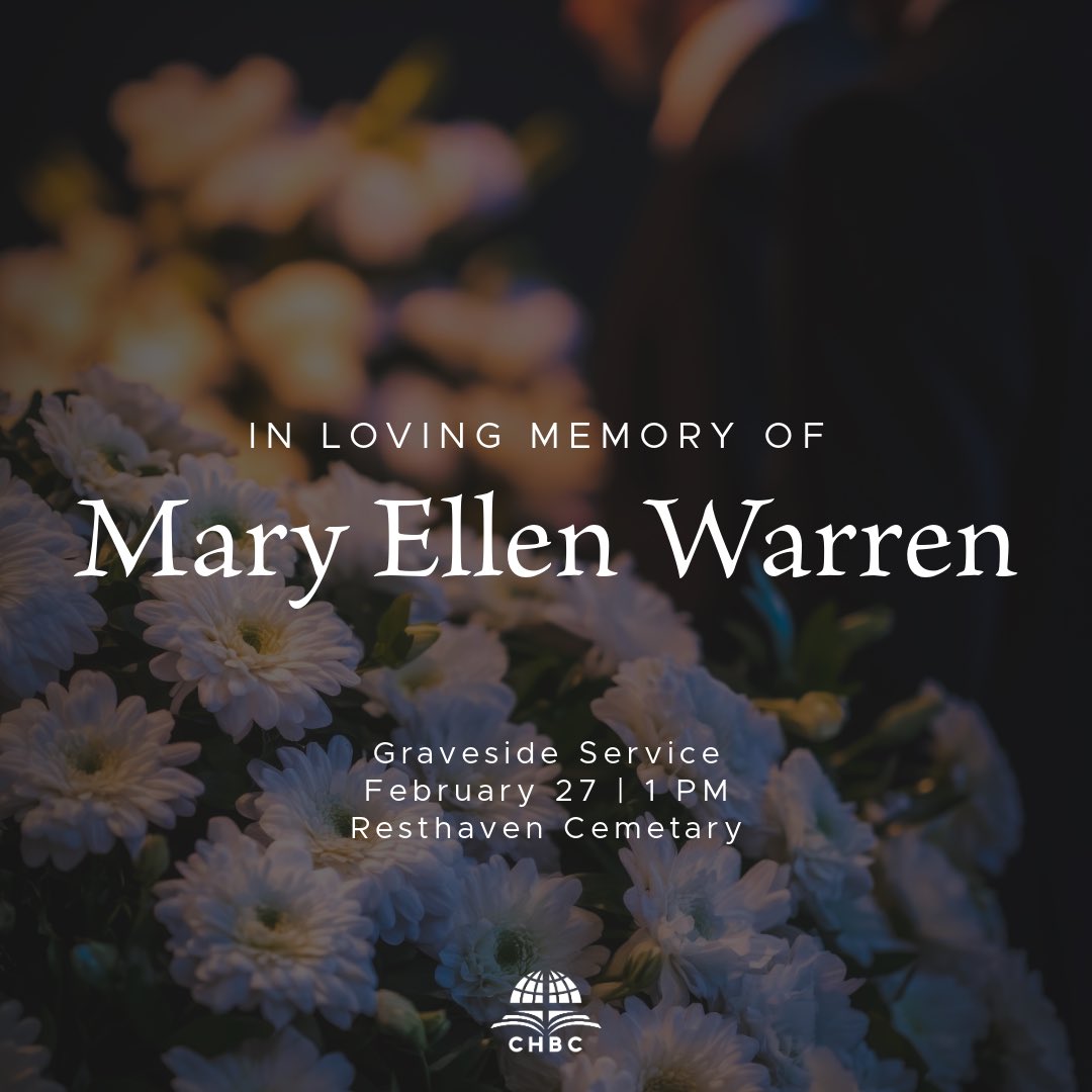 The Graveside Service for Mary Ellen Warren will be today, February 27, at 1 PM at Resthaven Cemetery. The service will also be live-streamed on the CHBC Facebook page. #CHBCOKC