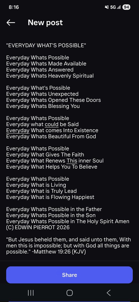 edwinpierrot13's tweet photo. "EVERYDAY WHAT'S POSSIBLE"

#Poetry #Poem #Songwriting #CountryMusic #Inspiration #Motivation #FridayFeeling #GoodMorning #ThankYouJesus #InChristITrust #ThruChristITrust #InJesusName #Scripture https://t.co/xptdjeisBF