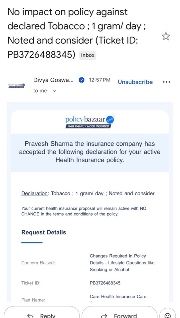 Sharmapravesh33's tweet photo. Disclosed tobacco usage through @PolicyBazaar. It was officially acknowledged as “No impact on policy – No change in T&amp;C”Full disclosure made. Accepted in writing. Now suddenly labeled as “Non-Disclosure”?
@CareHealthIN please explain this harassment.
@NIKHILLJHA #carehealth https://t.co/H86PTjA2t2