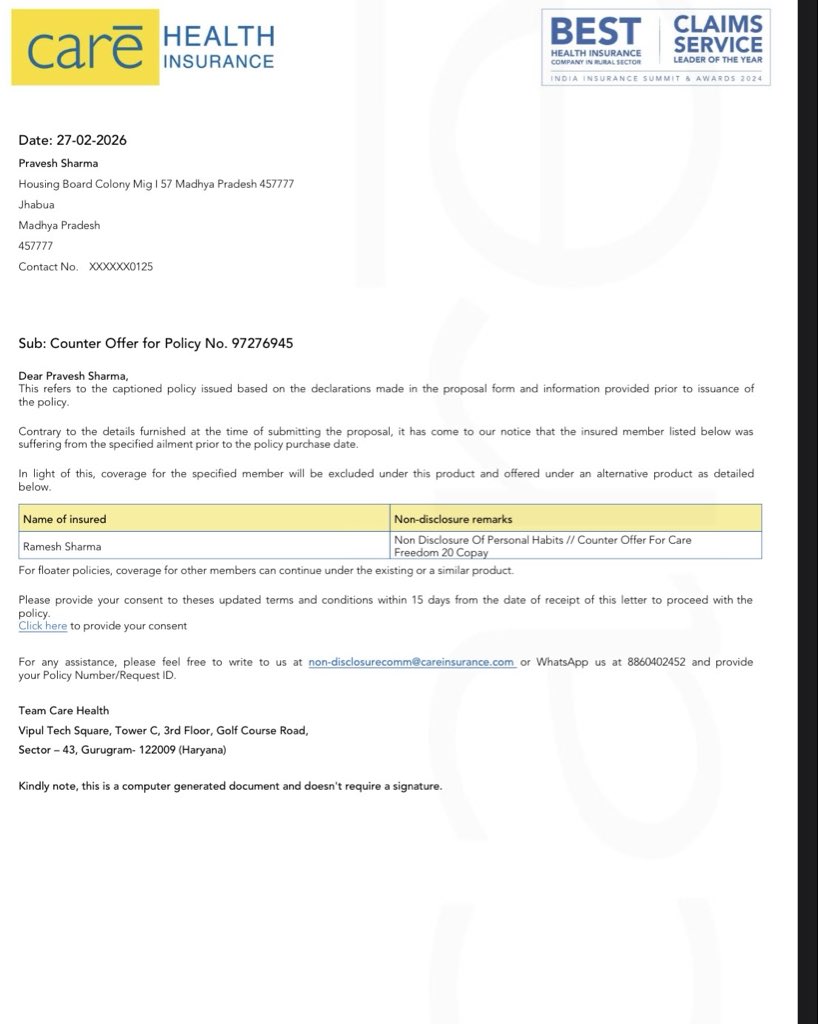 Sharmapravesh33's tweet photo. Disclosed tobacco usage through @PolicyBazaar. It was officially acknowledged as “No impact on policy – No change in T&amp;C”Full disclosure made. Accepted in writing. Now suddenly labeled as “Non-Disclosure”?
@CareHealthIN please explain this harassment.
@NIKHILLJHA #carehealth https://t.co/H86PTjA2t2