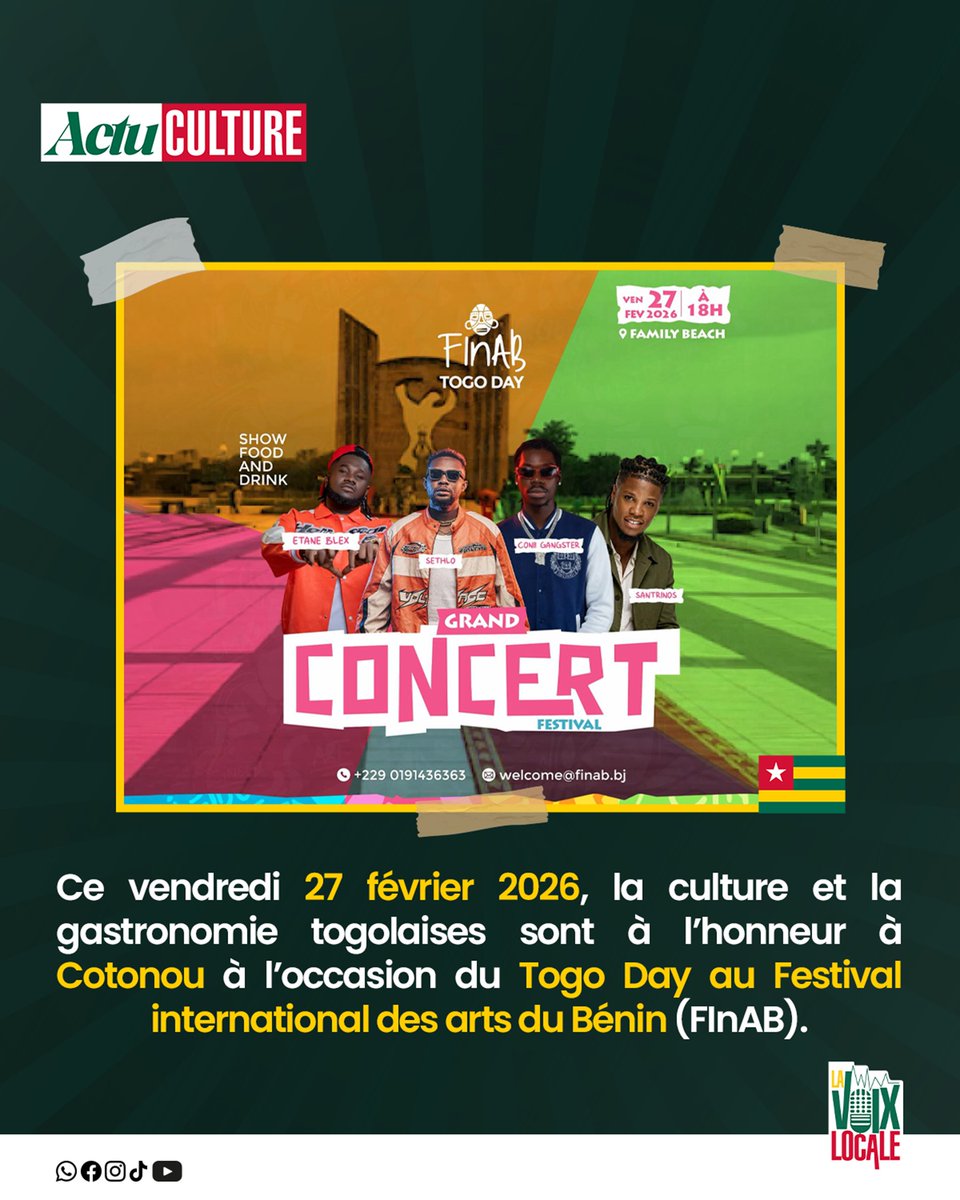 Voixlocale's tweet photo. Ce vendredi 27/02,la culture et la #gastronomie togolaises s’exportent à #Cotonou à l’occasion du #TogoDay, une innovation majeure de la 4e édition du #FInAB. Les artistes togolais Santrinos, Sethlo, Etane Blex et Conni Gangster feront vibrer le Family Beach dès 18h. #VoixLocale https://t.co/ab8chA3UAy