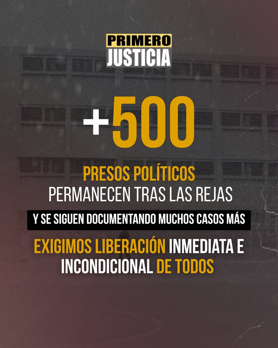Pr1meroJusticia's tweet photo. Más de 500 venezolanos siguen tras las rejas por disentir políticamente. 

La Ley de Amnistía lejos de ser una iniciativa para reconciliar a los venezolanos, ha fomentado la impunidad y las exclusiones. 

Exigimos la liberación inmediata de todos los presos políticos, civiles y militares, que ni uno solo pase un minuto más detenido.