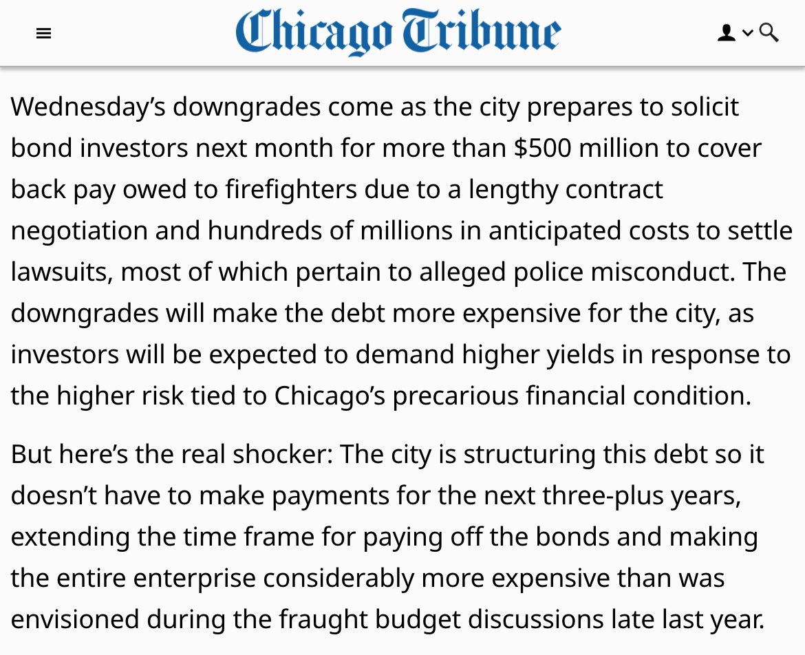 UPDATE: The Chicago Tribune editorial board has learned Mayor Brandon Johnson is floating a secret $500M+ bond deal that makes *no payments on that debt* for the next three years.

Not interest-only payments. 

Literally no payments at all.

This would be the second major bond