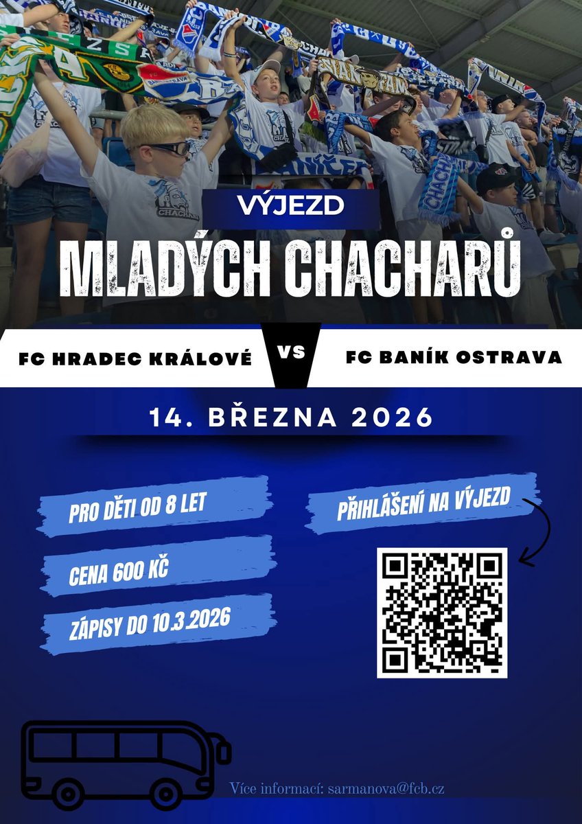 Pojeď s námi na venkovní zápas do Hradce Králové 😎🚌 

Cíl je jasný: zažít tu správnou výjezdovou atmosféru, užít si spoustu zábavy a hlavně podpořit Baníček 🫵🤍💙

Počet míst je omezený, proto neváhej a zapiš se: form.jotform.com/260551724788365
