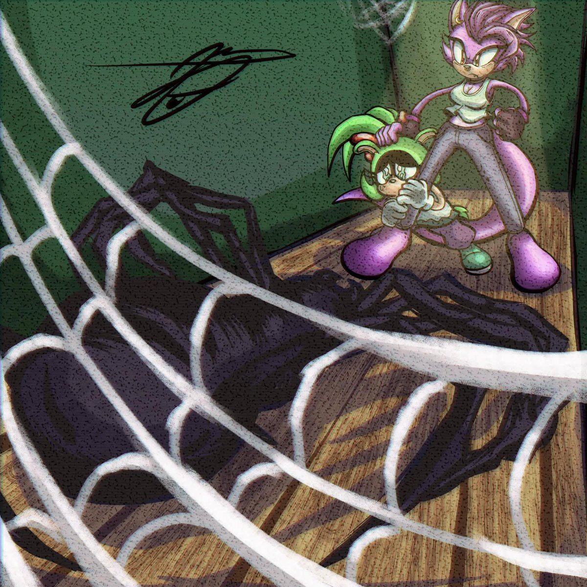 MauveMarsupial's tweet photo. Done by @JameArtz03! Surge needed Bre to kill a spider. Here, we see how Surge sees the spider, and how Bre sees Surge in these situations. The spider as some huge evil thing (the size of a pinky tip in actuality) and Surge as Bre's lil baby pipsqueak sister.

#surgethetenrec https://t.co/91q1EGN3oB