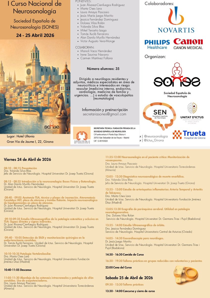 neurosonologia's tweet photo. 📢📣 Programa DEFINITIVO del curso Nacional de neurosonología.📍Gerona. 📆 24 y 25 de Abril. Os dejamos el programa completo. Plazas limitadas, no lo dejes pasar. Información y reserva:👇🏽 secretariasones@gmail.com https://t.co/KbqxvHgPdG