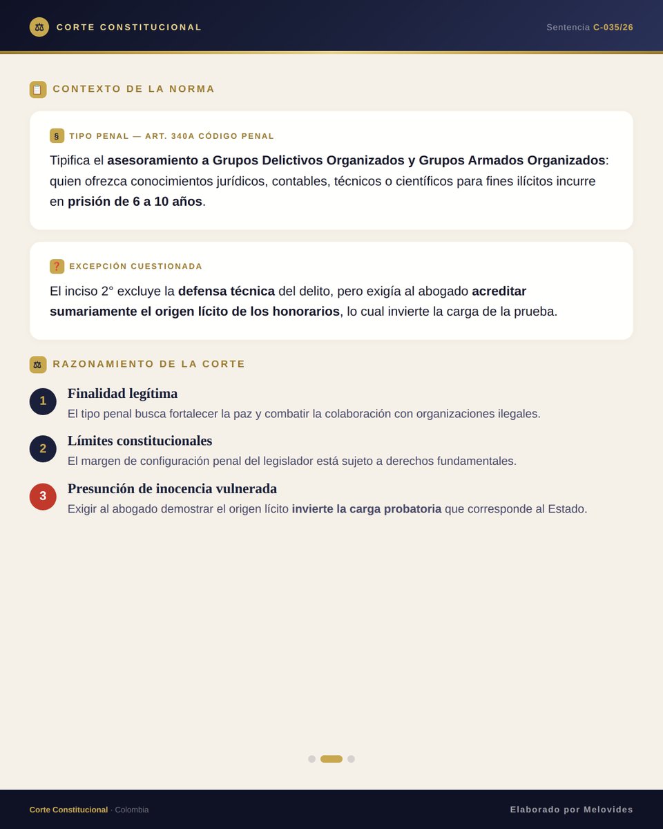 Melovides's tweet photo. 🚨 ¿Un abogado tiene que demostrar que su dinero es limpio solo por defender a alguien?

La Corte Constitucional dijo: NO.

En la Sentencia C-035/26, la Corte tumbó la norma que obligaba a los abogados defensores de miembros de Grupos Delictivos y Armados Organizados a probar el origen lícito de sus honorarios.

¿La razón? Esa exigencia invierte la carga de la prueba y vulnera la presunción de inocencia. Es el Estado, como titular de la acción penal, quien debe demostrar que hubo un delito. No el abogado.