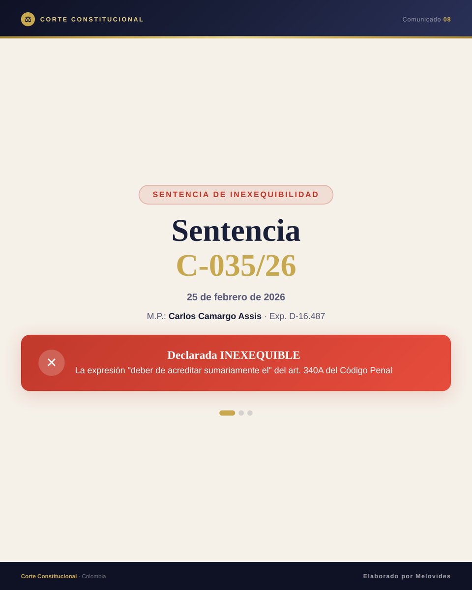 Melovides's tweet photo. 🚨 ¿Un abogado tiene que demostrar que su dinero es limpio solo por defender a alguien?

La Corte Constitucional dijo: NO.

En la Sentencia C-035/26, la Corte tumbó la norma que obligaba a los abogados defensores de miembros de Grupos Delictivos y Armados Organizados a probar el origen lícito de sus honorarios.

¿La razón? Esa exigencia invierte la carga de la prueba y vulnera la presunción de inocencia. Es el Estado, como titular de la acción penal, quien debe demostrar que hubo un delito. No el abogado.