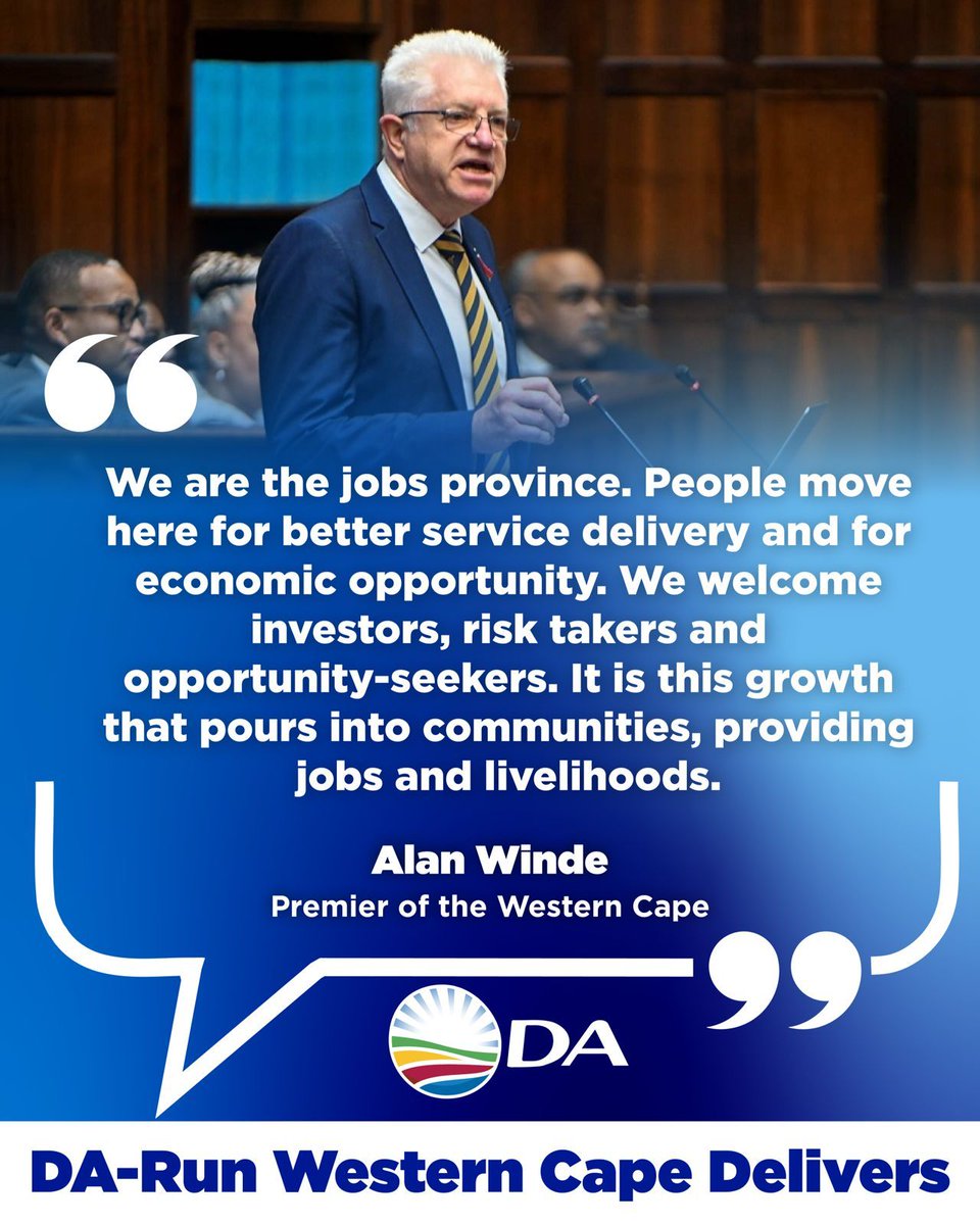 Our_DA's tweet image. 📈 Nearly 90% of all net jobs created in South Africa over the last five years were created in the DA-run Western Cape.

Growth and Jobs were the key priorities from Premier Alan Winde’s State of the Province.

Read more here: da.org.za/2026/02/2026-w…