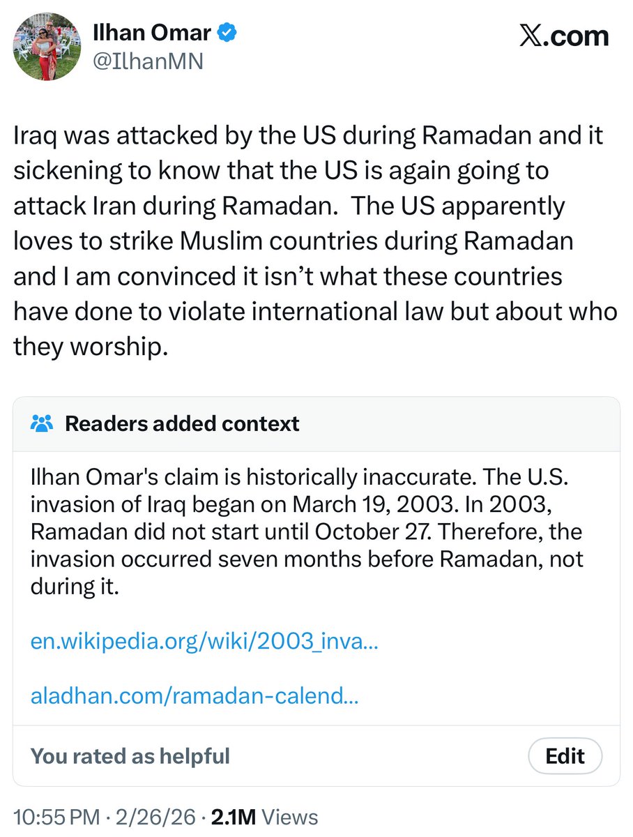 Ilhan Omar just got obliterated by a Community Note for lying about the US invasion of Iraq and Ramadan.