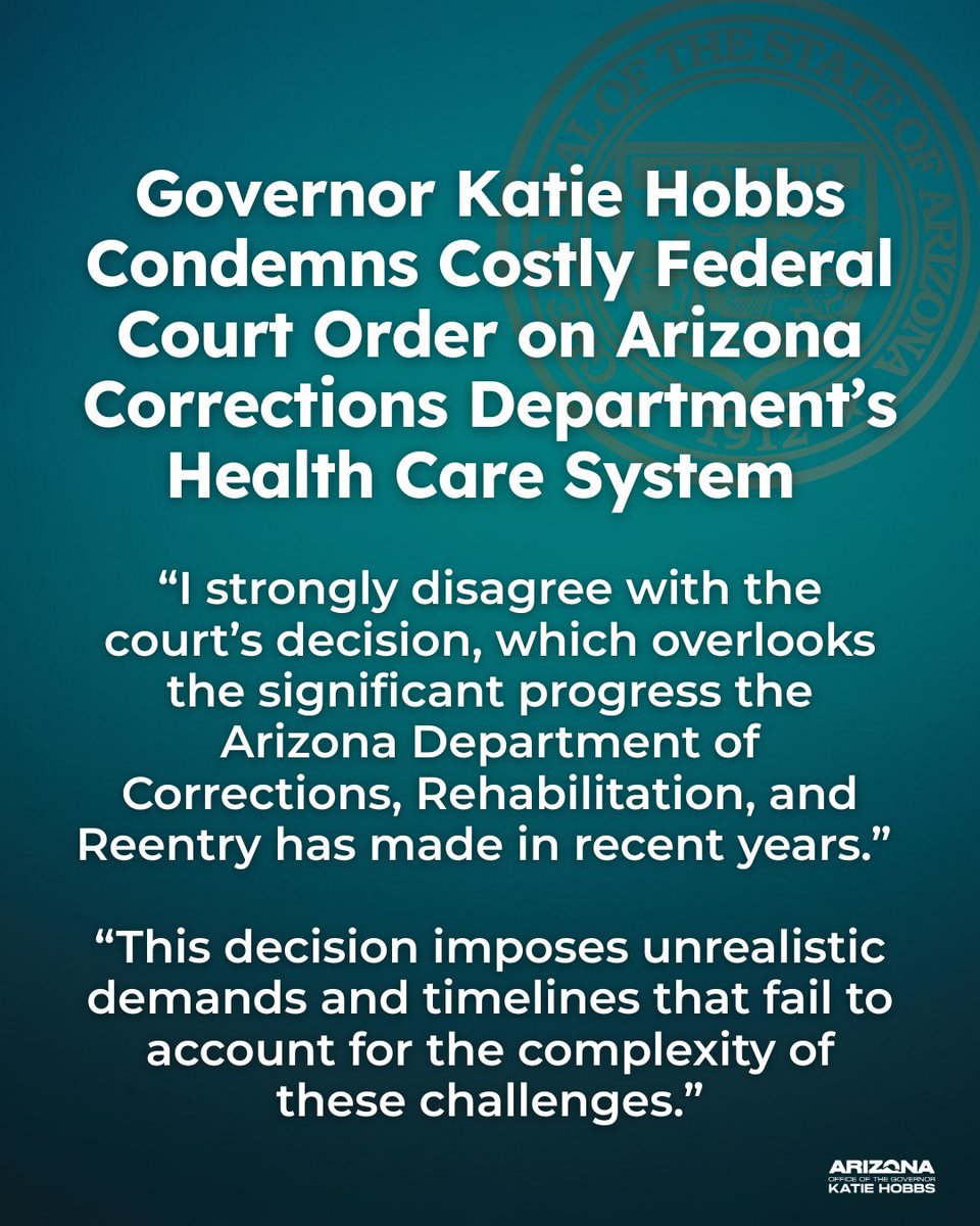 GovernorHobbs's tweet photo. I’m taking a stand against federal overreach. For a decade, Arizona’s prison health care was in crisis—but over the last three years, we’ve turned the tide. We will not let this decision derail the important work being done to improve outcomes for those in our care. https://t.co/owNpBikBSy