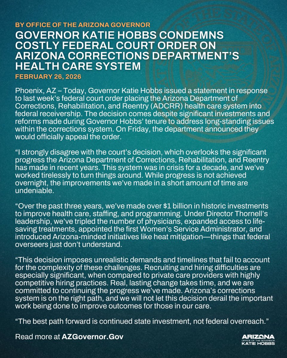GovernorHobbs's tweet photo. I’m taking a stand against federal overreach. For a decade, Arizona’s prison health care was in crisis—but over the last three years, we’ve turned the tide. We will not let this decision derail the important work being done to improve outcomes for those in our care. https://t.co/owNpBikBSy