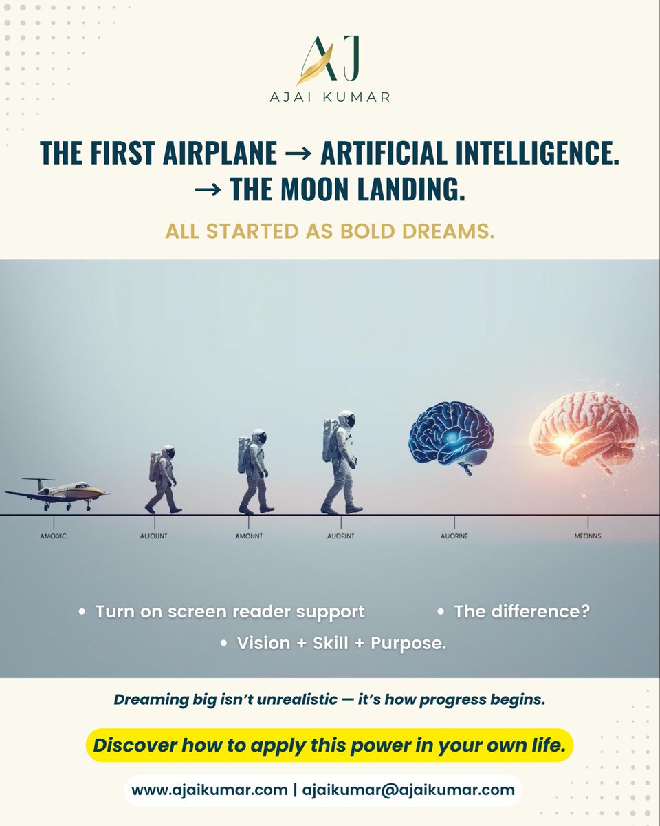 AjkumarAj's tweet photo. Airplanes. AI. Moon landings.
All started as “impossible.”

Big dreams build the future.
Vision + Skill + Purpose = Progress.

Dream bold. Act aligned.

https://t.co/5mqFG3a1bU | ajaikumar@ajaikumar.com

#DreamBig #VisionDriven #PurposePower #ThinkBold #AjaiKumar https://t.co/GUCYpfXnyV