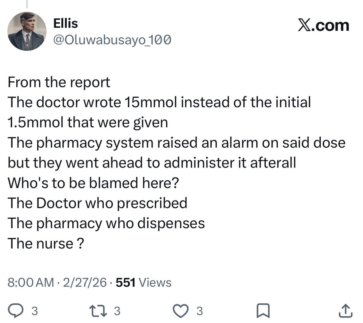 This is the part where Nursing no be Moin-Moin. 

If the Doctor made a mistake with the prescription and you went ahead to administer the medication. 

You will answer a lot of questions as a Licensed Professional. 

While the MD face his or her own challenges 

You as a Nurse