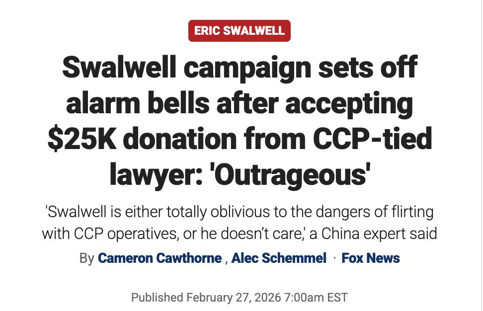 BREAKING:

"Rep. Eric Swalwell's, D-Calif., gubernatorial campaign continues to be bankrolled by Keliang "Clay" Zhu despite concerns over his ties to China and the Chinese Communist Party (CCP)."