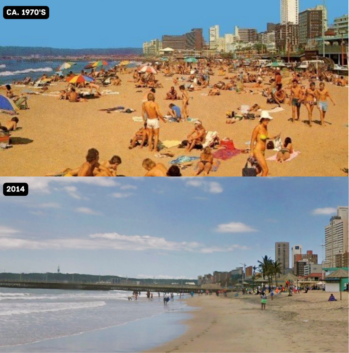 durbsrewind's tweet photo. Old Durban.

40 years.
Same beach.
A world apart.

If you could step into one, which year are you choosing?

North Beach, Durban, South Africa.
Circa 1970s - 2014 https://t.co/brpqF93MVJ