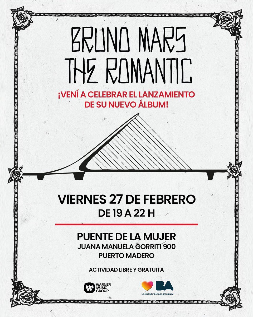 Bruno Mars celebra el lanzamiento su nuevo trabajo “The Romantic” con una escucha libre y gratuita en el Puente de la Mujer esta tarde.

- Fecha: Viernes 27/2 - 19 a 22h
- Lugar: Puente de la Mujer, Puerto Madero
<a href="/BrunoMars/">Bruno Mars</a> <a href="/MPeluffoMKT/">Maria Peluffo Marketing y Comunicación</a> #BrunoMars #TheRomantic