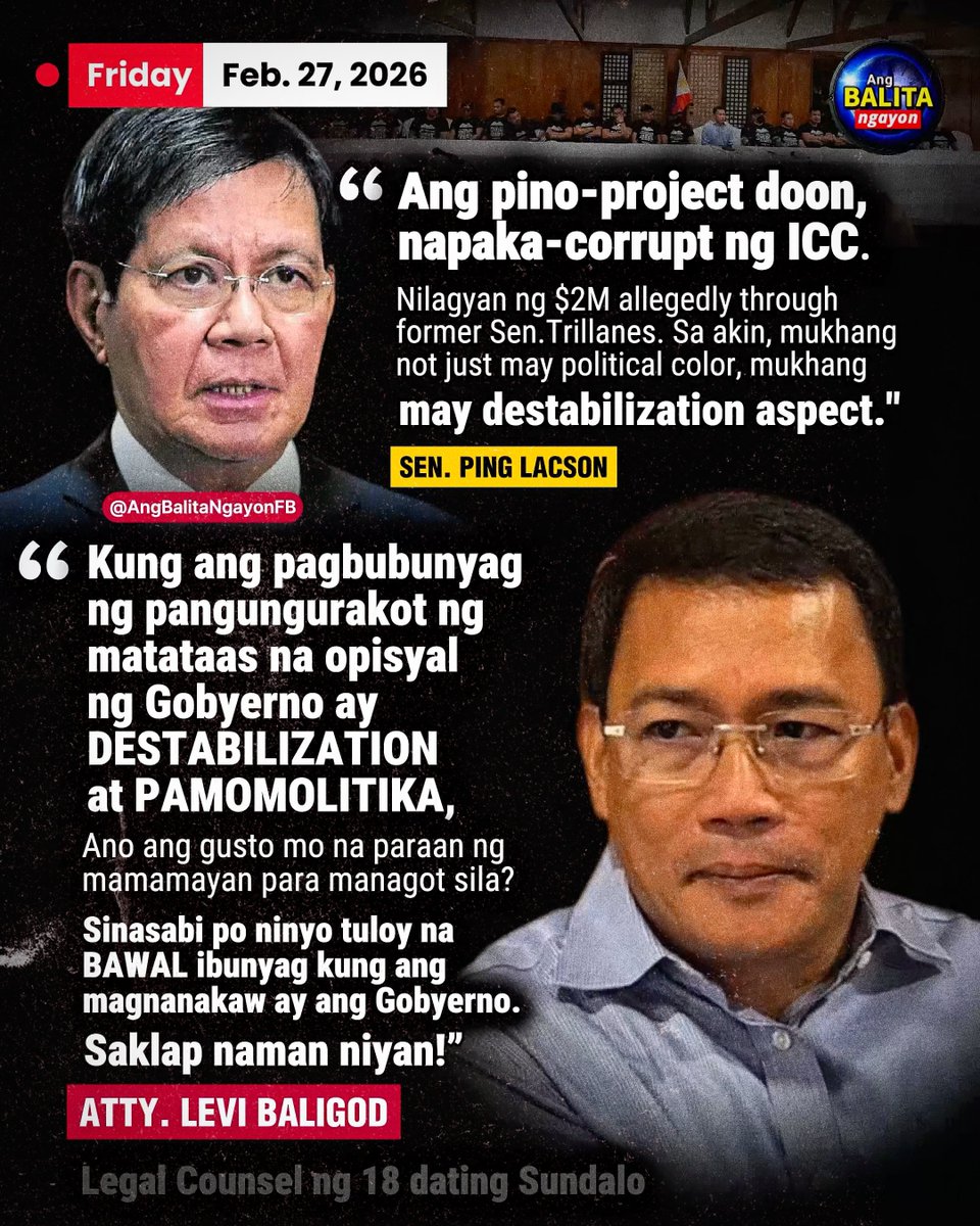 ATTY. BALIGOD KAY PING: “KUNG DESTABILIZATION ANG PAGBUBUNYAG, ANO ANG DAPAT GAWIN NG MAMAMAYAN?”

Naglabas ng matapang na reaksyon si Atty. Levi Baligod matapos ang pahayag ni Sen. Ping Lacson na may “destabilization aspect” umano ang mga isyung ibinabato laban sa ilang matataas