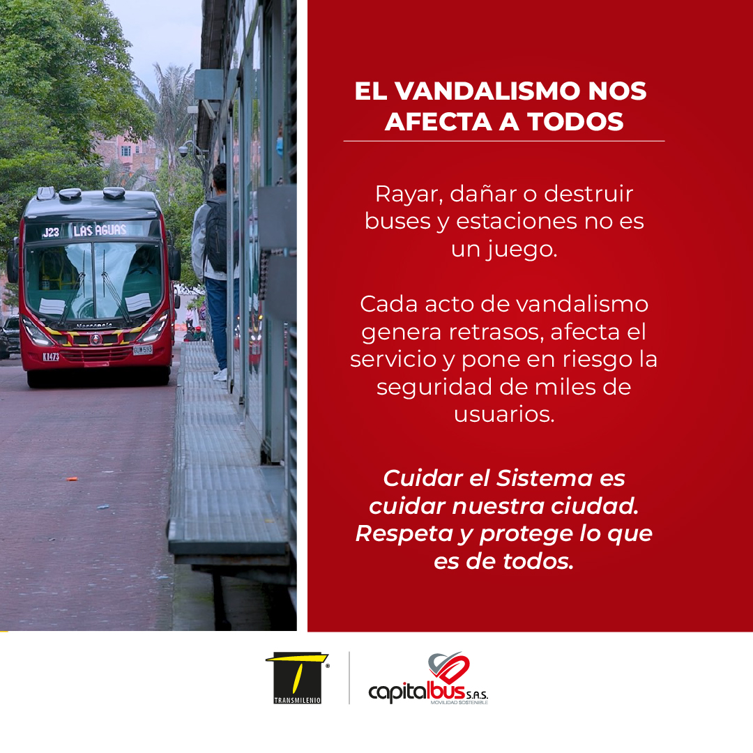 El vandalismo no es un juego 🚫

Dañar buses y estaciones afecta el servicio y pone en riesgo a miles de usuarios.

Cuidar el Sistema es cuidar nuestra ciudad.
Respeta y protege lo que es de todos. 🚍
#NoAlVandalismo #CulturaCiudadana #Bogotá #Capitalbus