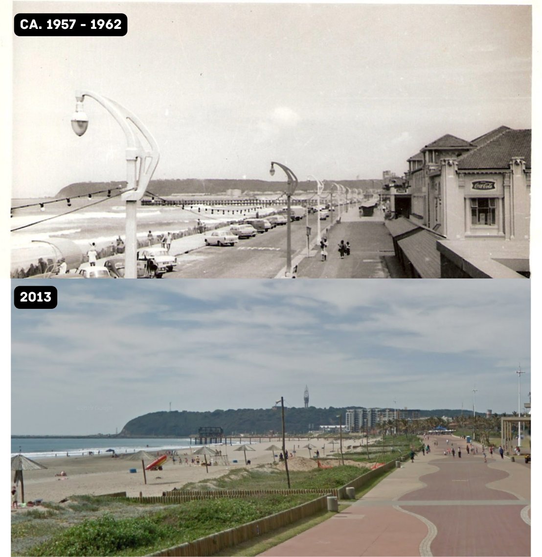 durbsrewind's tweet photo. The latest entry in the Old Durban series brings us to the city’s iconic shoreline.   

Which version do you prefer?  

Lower Marine Parade, South Beach, Durban, South Africa.  Late‑1950s / Early 1960s - 2013

First picture courtesy of "Dodo", obtained via "Facts about Durban" https://t.co/cXSpRF4aPQ