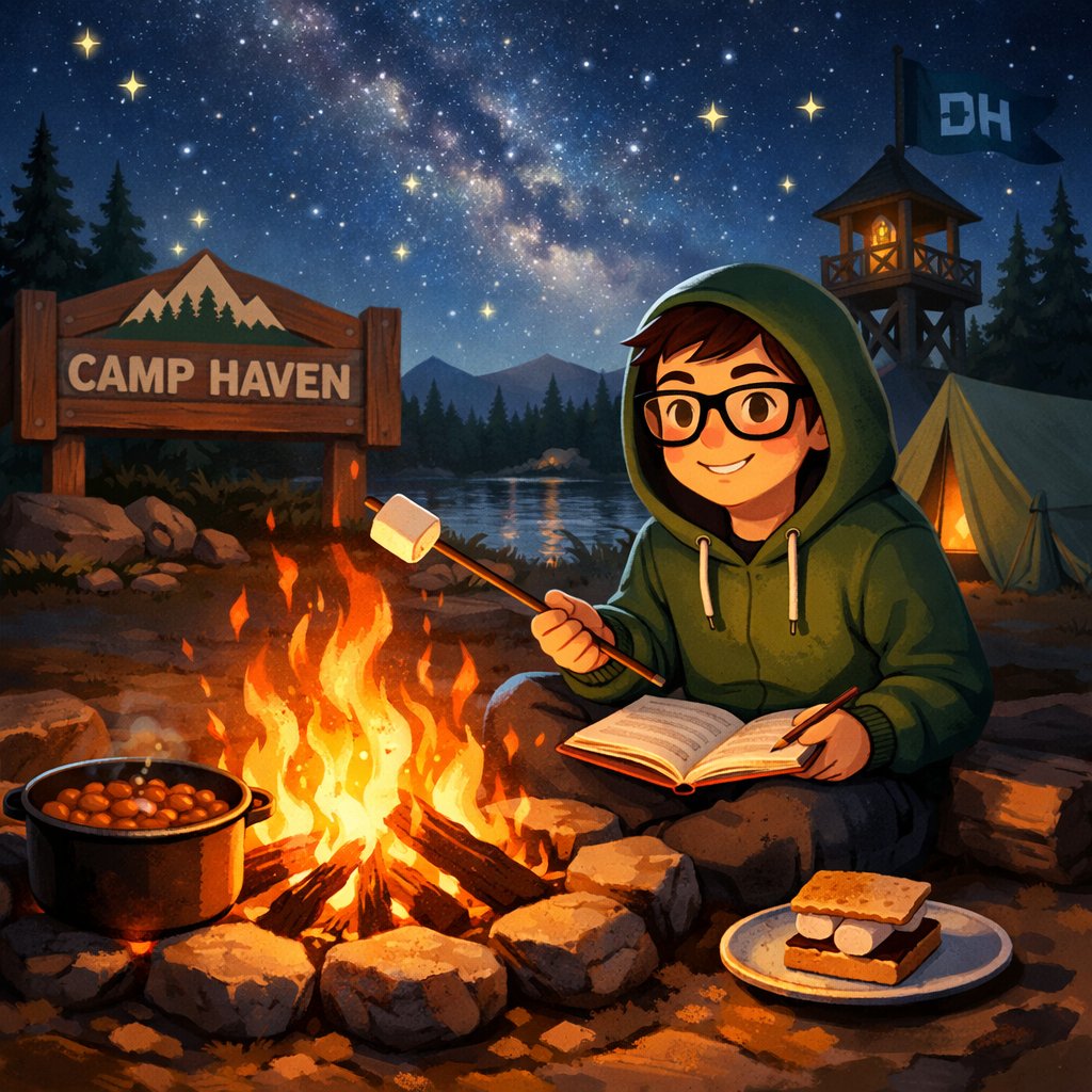 dima_bug's tweet photo. First at Camp Haven 🔥 I sketched myself as a hoodie-clad camper roasting marshmallows over a glowing campfire, stars scattered across the Haven sky. There’s a little pot of beans bubbling beside the flames and a notebook open on my lap—ideas already sparking. 🌲✨
@DataHaven_xyz https://t.co/RW6a19Vdfk
