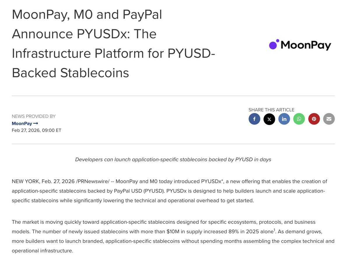 watchernewsx's tweet image. 🧱 @PayPal launches a “stablecoin builder:” the payments giant, in partnership with Moonpay and M0, has announced PYUSDx — an infrastructure platform that will allow developers to create their own USD-backed stablecoins powered by #PYUSD.