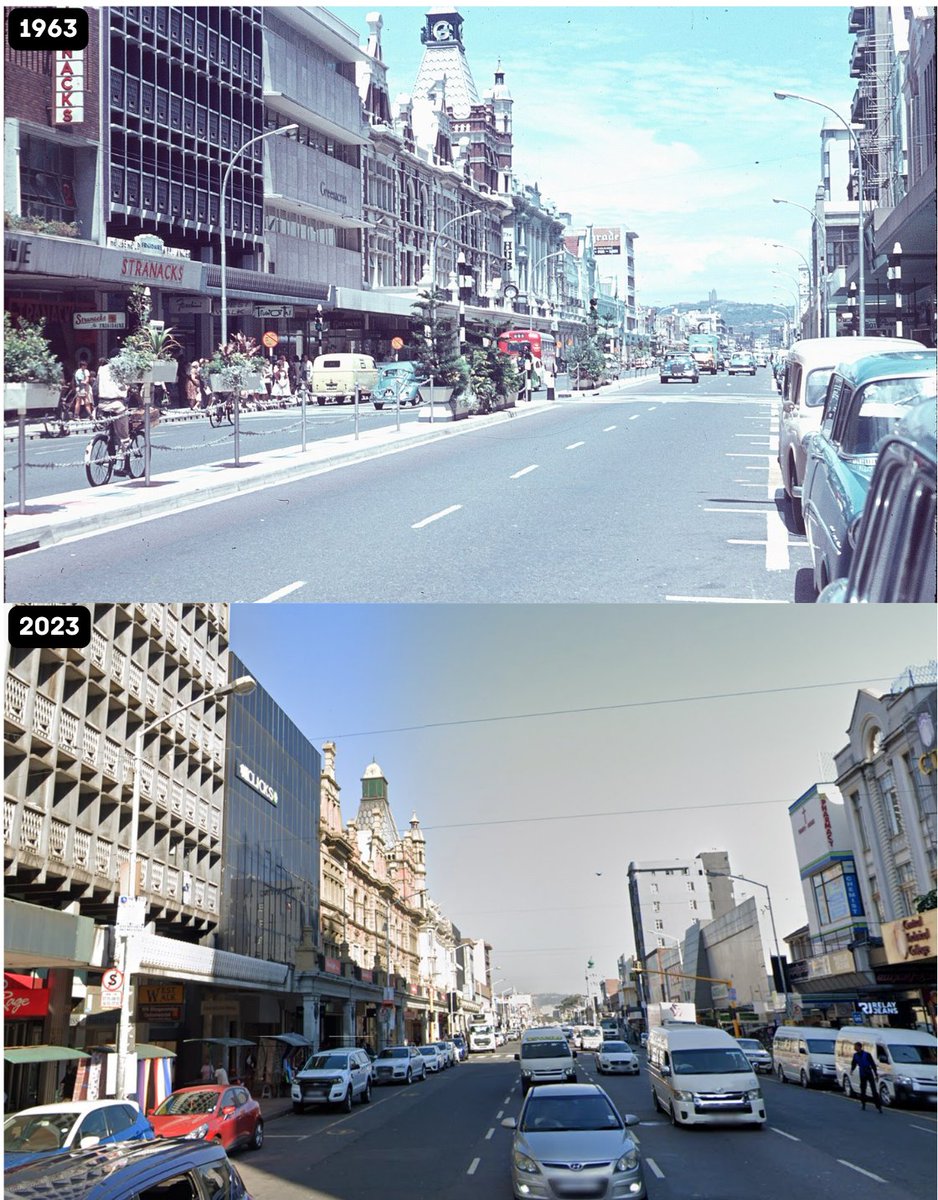 durbsrewind's tweet photo. Back with another Old Durban entry.

Once a street of bicycles and slow traffic, now a corridor of taxis and constant motion.

West St, Durban, South Africa.
1963 - 2023

Photo by Guus Gorter (CC BY-SA 4.0)
Link in alt text.