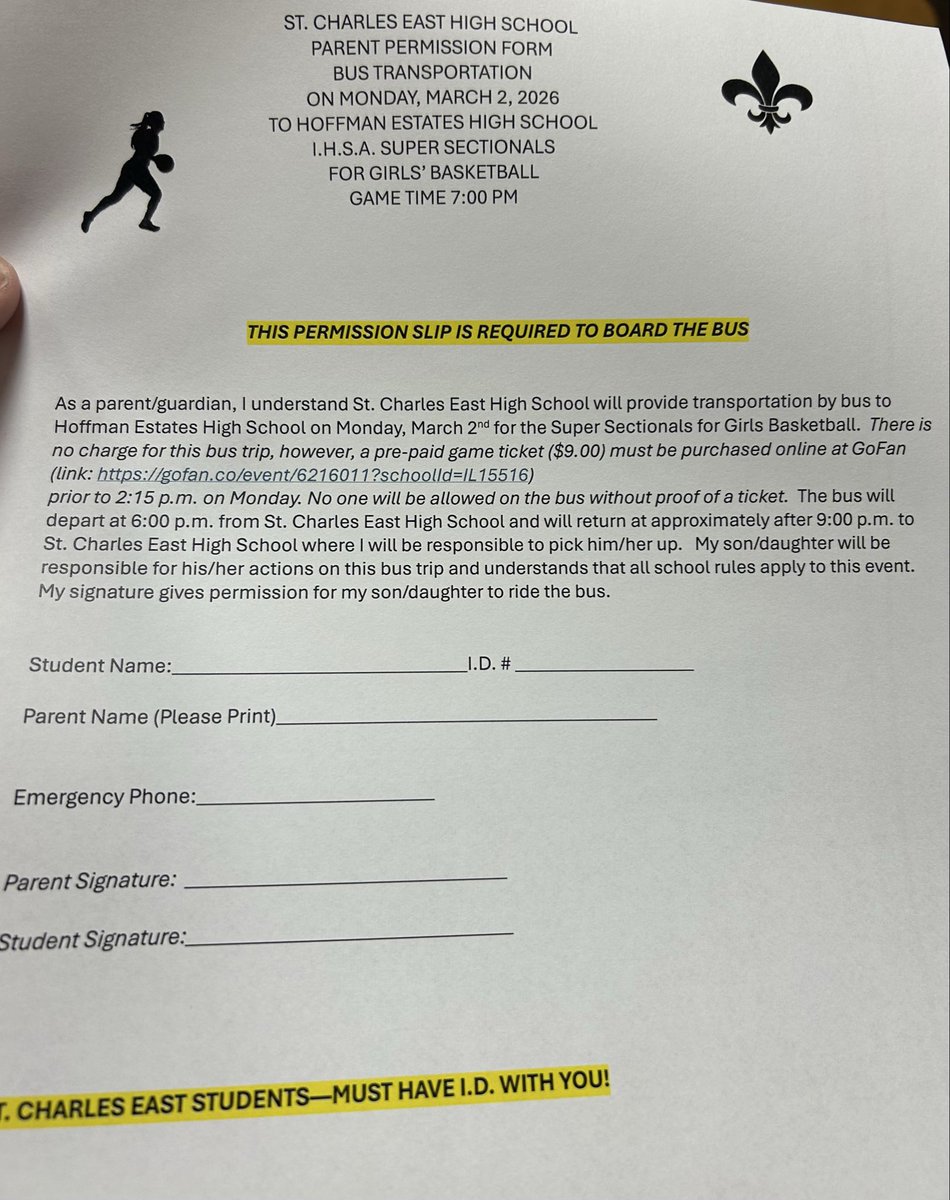 STCEathletics's tweet image. Athletics will be offering a fan bus for our students who would like to attend the girls super-sectional game on Monday night.  Info is on the sheet below and also on the athletic website! Tickets can be bought on GoFan at Hoffman Estates HS Schools.snap.app/scehs