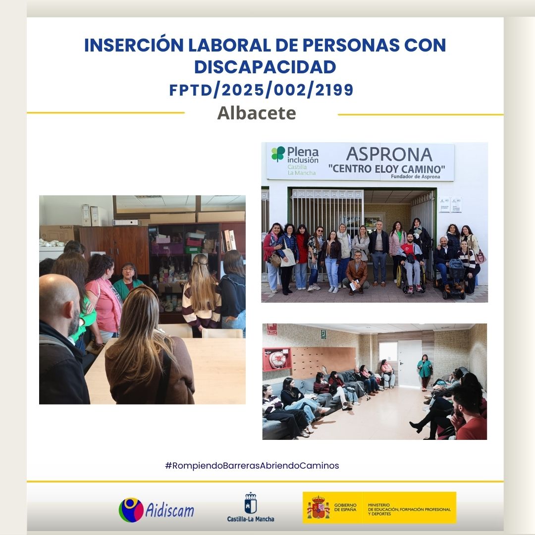 Ayer el alumnado del programa de Inserción Laboral visitó el Centro Ocupacional de ASPRONA en #Albacete, como parte del curso. Gracias por la acogida.
Con el apoyo de <a href="/gobjccm/">Gobierno de Castilla-La Mancha</a> <a href="/educaciongob/">Ministerio de Educación, FP y Deportes</a> #GobiernoDeEspaña
#AIDISCAM #ASPRONA #InserciónLaboral #RompiendoBarrerasAbriendoCaminos