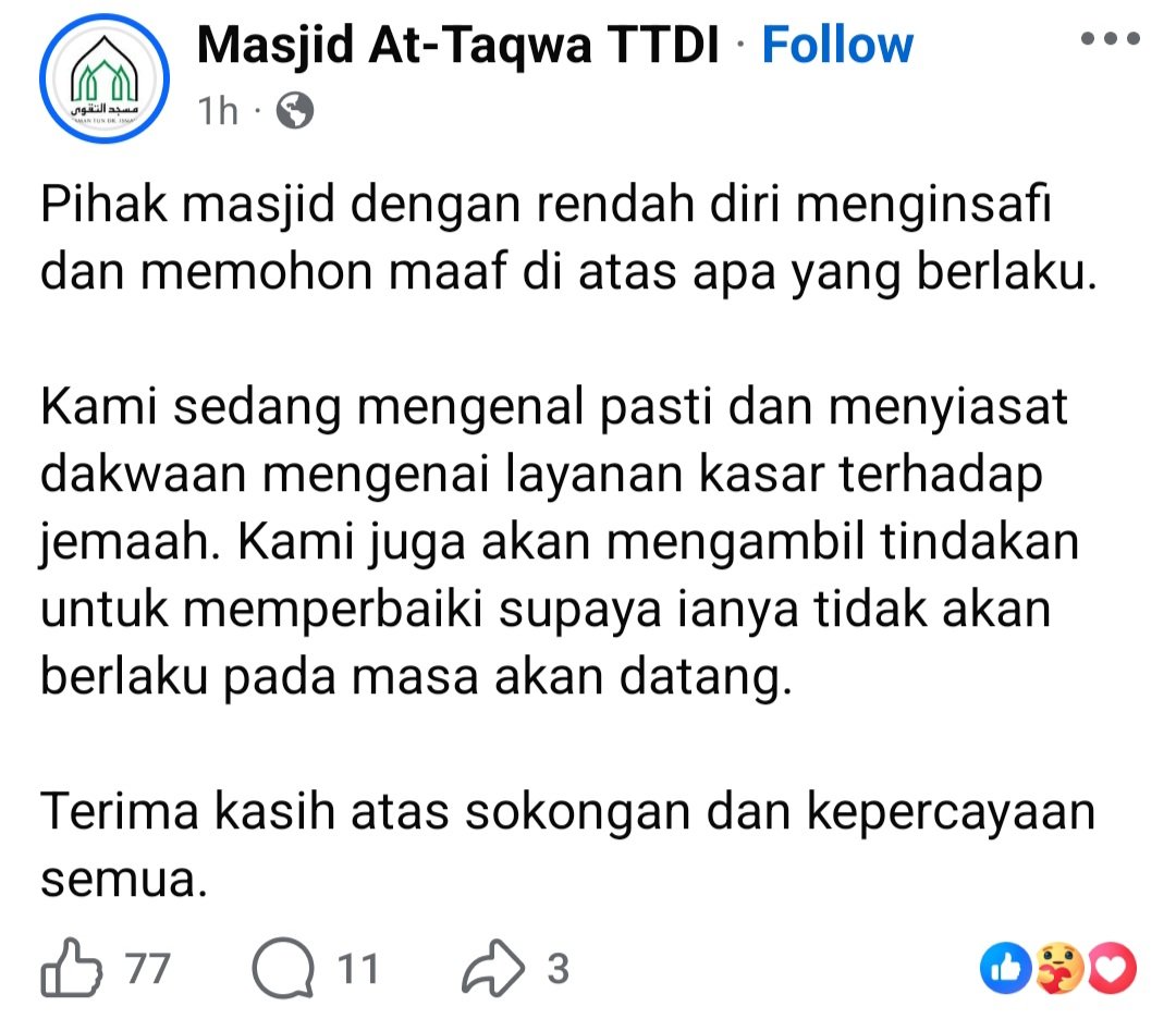 RimauXI's tweet photo. Permohonan maaf daripada Masjid At-Taqwa TTDI mengenai isu layanan kasar terhadap jemaah https://t.co/8jd03ymfgD