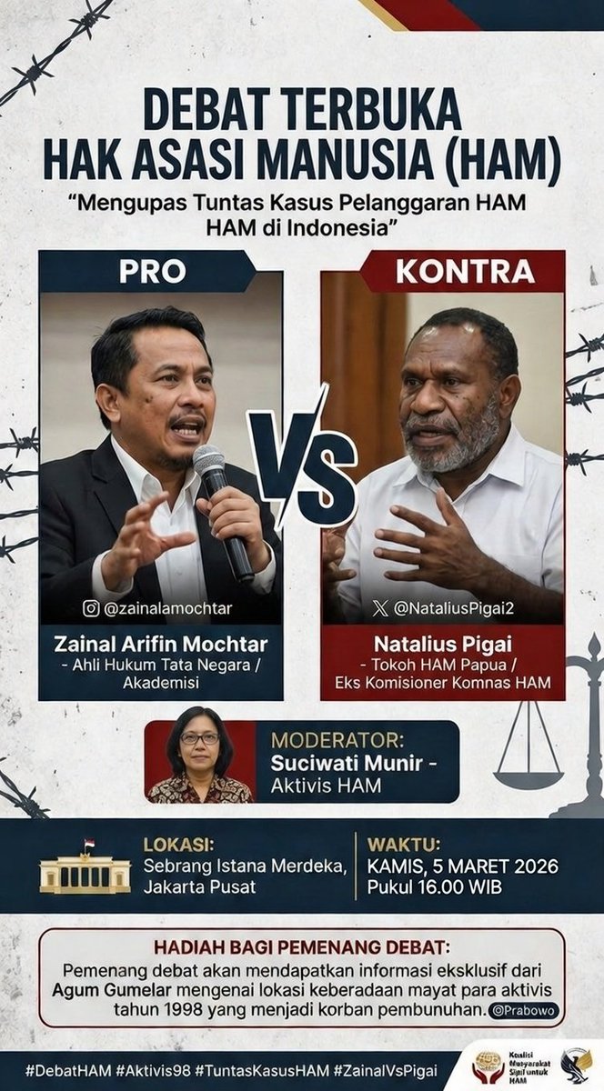 ...BREAKING NEWS...!!!

INFO A1.

Acara debat of the year dengan venue+hadiah termahal-spektakuler sepanjang sejarah NKRI resmi digelar.

Profesor hukum UGM <a href="/zainalamochtar/">Zainal Arifin Mochtar</a>

VS

Menteri HAM <a href="/NataliusPigai2/">NataliusPigai</a>

Gak sabar liat Menteri Ham membantai argumen Prof UGM.

Sebarkan! (``,)