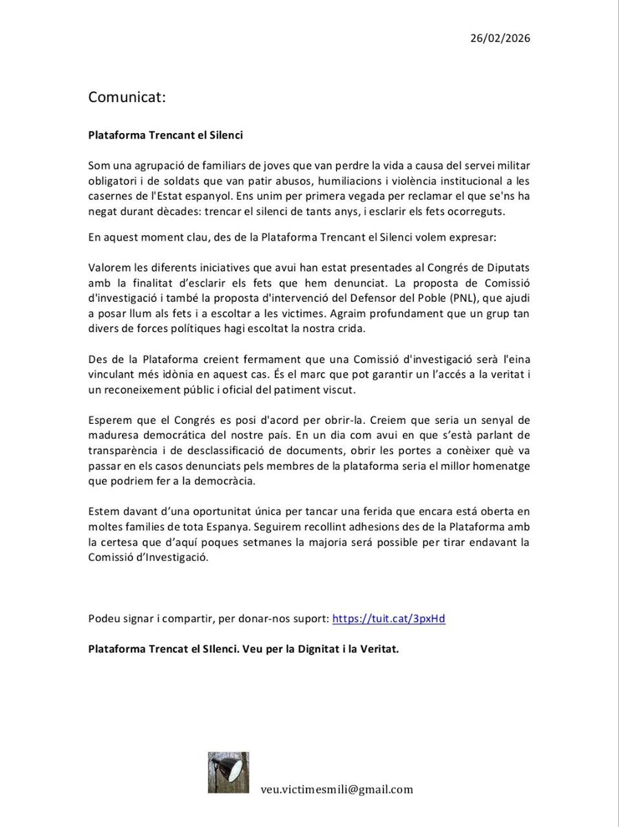 2.000 morts documentades al servei militar a través del documental "Et faran un home". Cal investigar i fer justícia.

Difoneu el manifest del col·lectiu de familiars afectades i signeu per donar suport.

Que aquesta barbàrie no quedi impune!

Signa aquí: tuit.cat/3pxHd