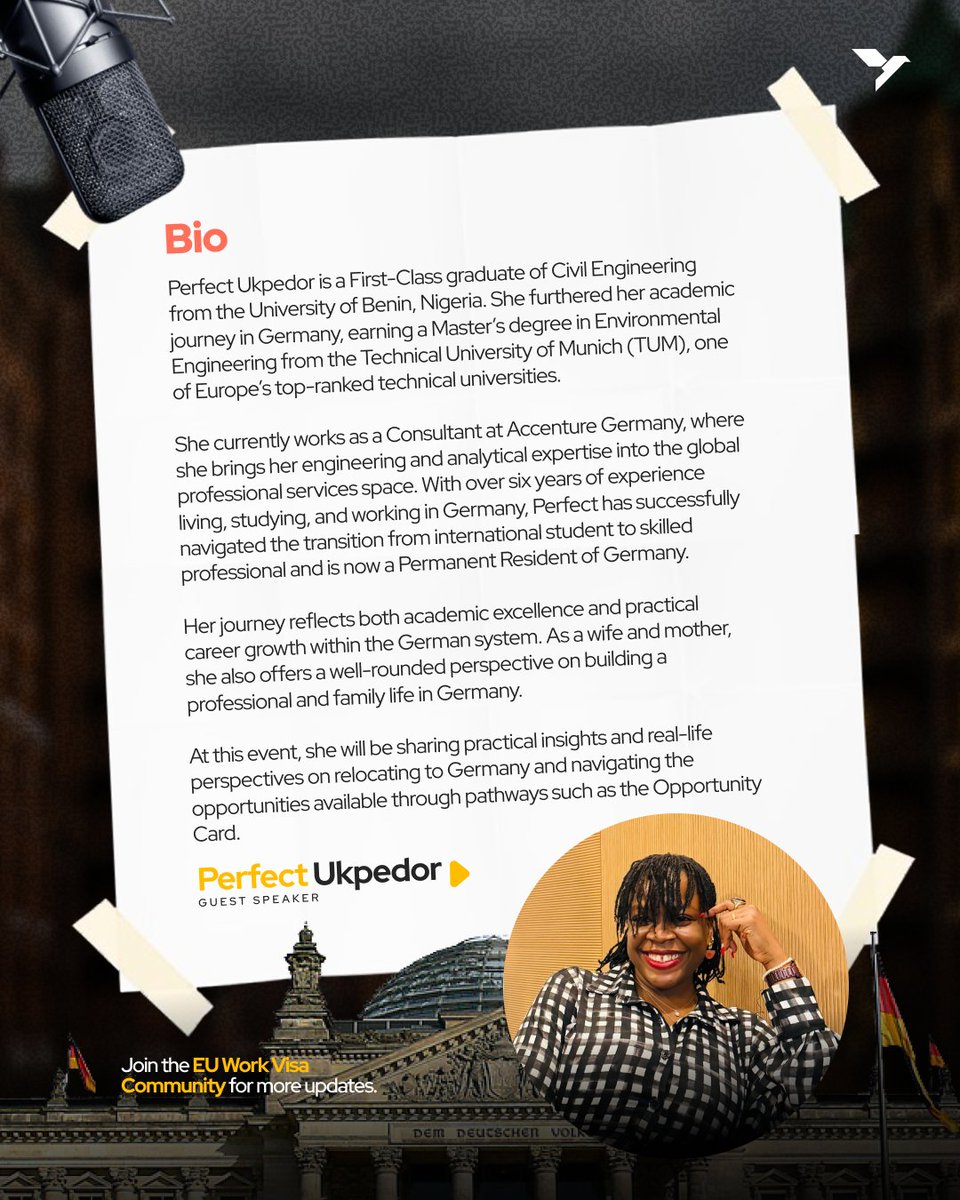 Germany Opportunity Card breakdown - how to relocate without a job offer.

<a href="/perfectkosi/">Kosi</a> (Accenture Germany, 6 years in-country, permanent resident) is sharing real insights from someone who's actually done it.

7 PM WAT. X Spaces. Set your reminders - x.com/i/spaces/1YGNr…